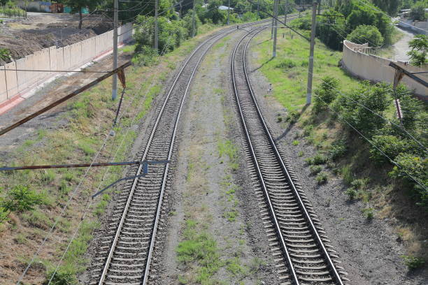 Germany, Berlin, Hönow, January 15, 2024 - High angle view of crossing railway tracks