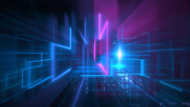 istock Neon pink and blue lights intersect in a dark, digital grid landscape, futuristic virtual reality 2152868500