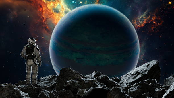 istock Astronaut gazes at a massive planet from a rocky surface amidst a starry sky with colorful nebulae 2152868507