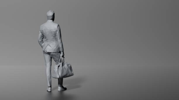 istock Mannequin stands holding a bag, poised against a solid grey backdrop, minimalist design. 3d render 2152868515