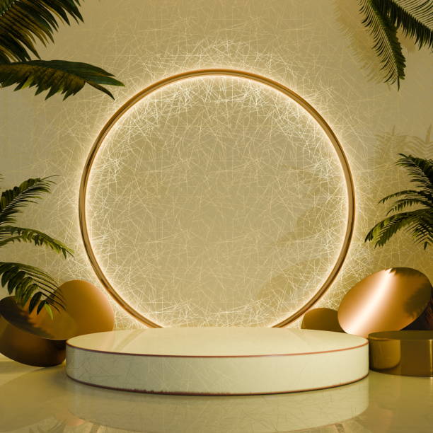 istock Chic display stage with a lit circular structure and tropical leaves shadows. 3d render 2152868535