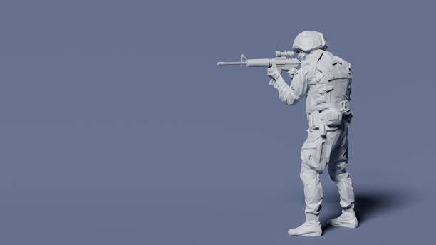 istock Soldier stands ready, aiming a rifle, isolated against a plain blue backdrop. 3d render 2152868552