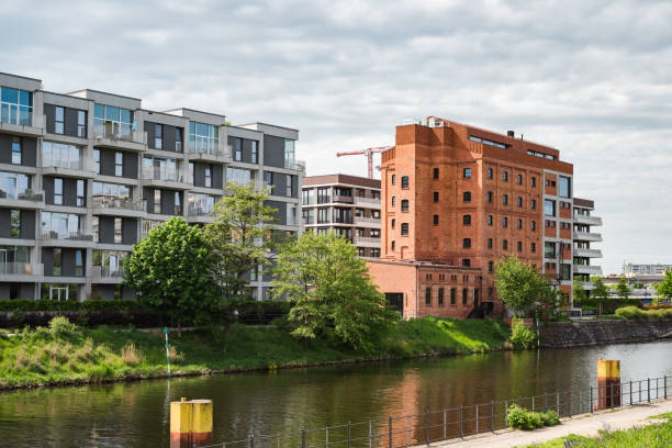 modern residential district in central berlin at river side with renovated and new build houses