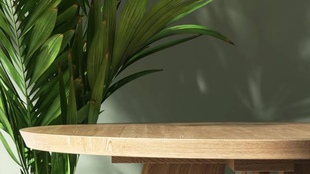 istock Round wooden brown table podium, tropical palm tree in dappled sunlight on green wall 2152873843