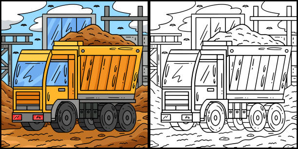 Construction Dump Truck Coloring Page Illustration This coloring page shows a Construction Dump Truck. One side of this illustration is colored and serves as an inspiration for children. background of a how to draw a dump truck stock illustrations