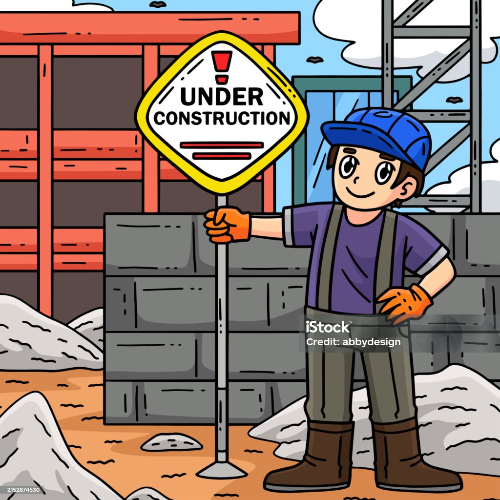 Constuction Signs Cartoon Construction Worker Holding A Signage Colored Stock Illustration ...