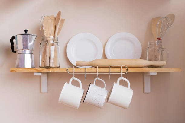 istock Wooden shelves with things in kitchen 2152878533