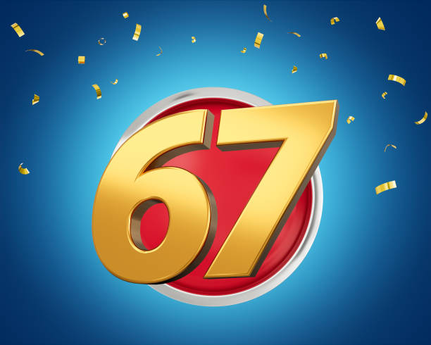 istock Gold Number 67 Gold Number Sixty Seven On Rounded Red Icon with Particles, 3d illustration 2152878864