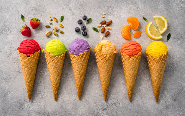 istock Multicolored fruit flavored ice cream cones in a row shot from above 2152882568