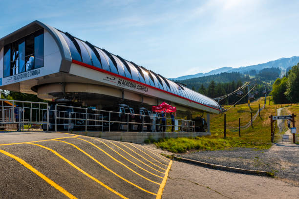 Whistler, Canada - August 05, 2023:  overhead cable car mountain station up to Blackcomb Mountain in Canada