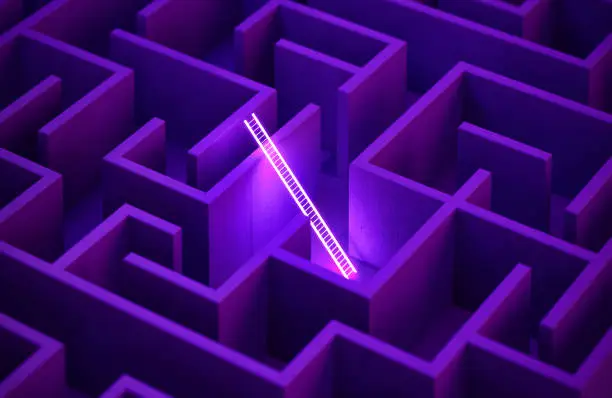 Strategy concept with glowing ladder in a purple maze