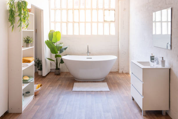 istock Cozy Empty Modern Bathroom Background with Green Plants Indoors. Interior Design 2152885290