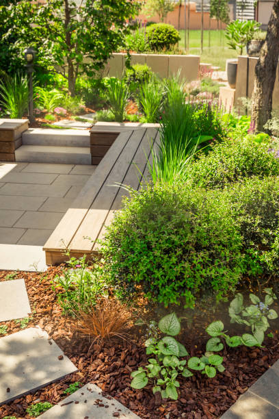 istock Garden path with stone slabs with bark mulch and native plants. Landscaping and gardening concept 2152889340