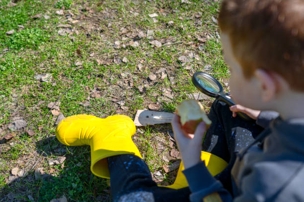 A boy eats an apple on a lawn and uses magnifying for burning experiment with focused light with