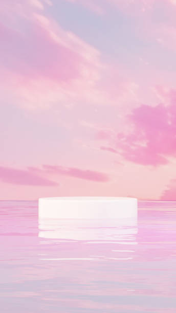 istock Premium 3D | Abstract minimalistic design featuring an empty podium in a serene pond, set against a backdrop of a blue-pink sky for product demonstration in portrait 2152890507
