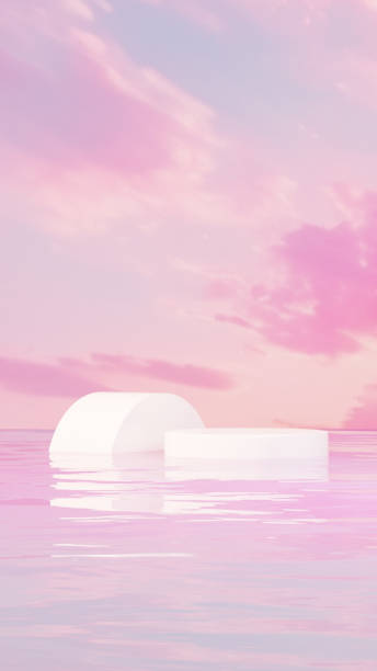 istock Premium 3D | Abstract minimalistic design featuring an empty podium in a serene pond, set against a backdrop of a blue-pink sky for product demonstration in portrait 2152890526