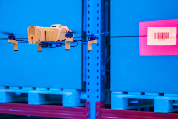 istock Drones scans barcode. Modern warehouse. Inventory in stock. Drone reads the barcode boxes in stock. Automation. Storage management. Responsible storage. Warehouse inspection. 2152891029