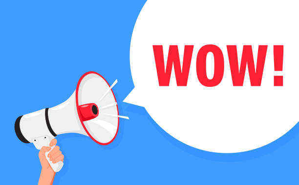 istock Wow. Hand hold megaphone speaker for announce. Attention please. Shouting people, advertisement speech symbol 2152899437