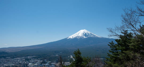istock Fuji Mountain in Japan, snow capped peak in Spring, blue clear sky 2152900408