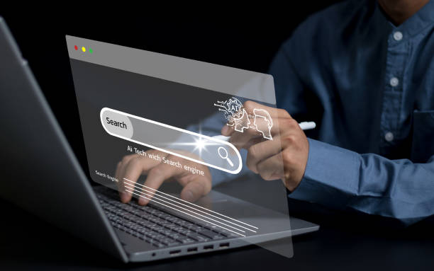 istock Search engine with AI tech concept, chatbot, businessman using laptop connecting to AI, use command prompt for generates idea something or fast solve problems, digital transformation, SEO. 2152902482