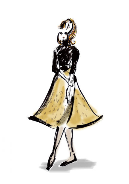 istock Young woman in black turtleneck and beige flared skirt 2152904947