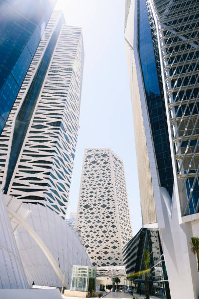 Low angle view of skyscrapers offering business, residential, and retail space in Al Aqiq neighborhood of Riyadh, Saudi Arabia.