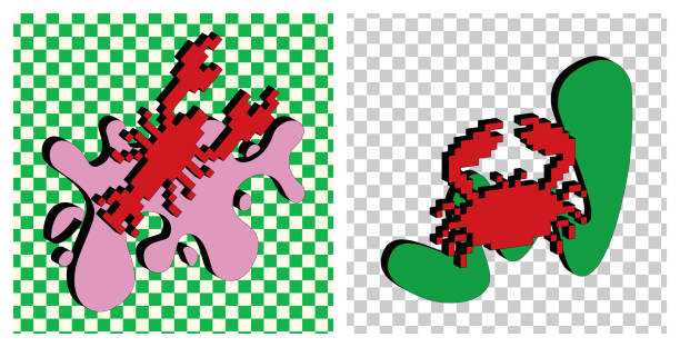 istock Trendy Y2k retro sticker. Naive playful pixel shapes. Vintage Comic style and Cyber aesthetic. Voxel art. Checkered background. Cancer and lobster with blow shapes. Maximalism. 2152911868