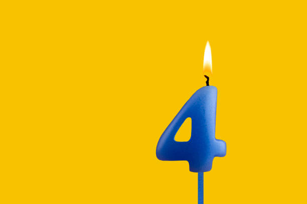 Blue candle number 4 - Birthday on yellow background