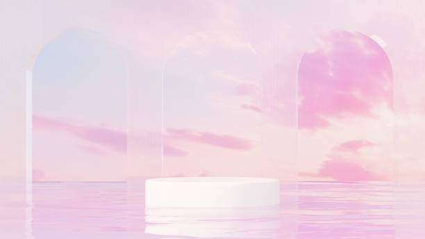 istock Premium 3D | Abstract minimalistic design featuring an empty podium in a serene pond, set against a backdrop of a blue-pink sky for product demonstration in landscape 2152914158