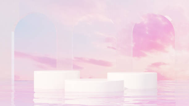 istock Premium 3D | Abstract minimalistic design featuring an empty podium in a serene pond, set against a backdrop of a blue-pink sky for product demonstration in landscape 2152914166