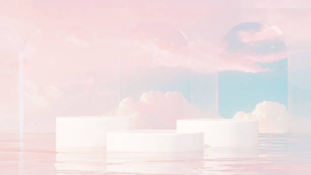 Premium 3D | Abstract minimalistic design featuring an empty podium in a serene pond, set against a backdrop of a blue-pink sky for product demonstration in landscape
