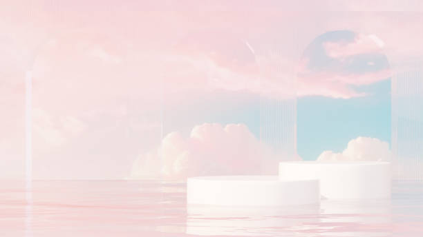 istock Premium 3D | Abstract minimalistic design featuring an empty podium in a serene pond, set against a backdrop of a blue-pink sky for product demonstration in landscape 2152915535