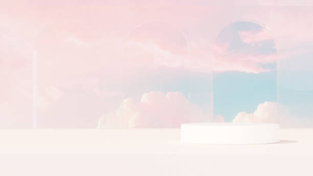 istock Premium 3D | Abstract minimalistic design featuring an empty podium set against a backdrop of a blue-pink sky for product demonstration in landscape 2152915540
