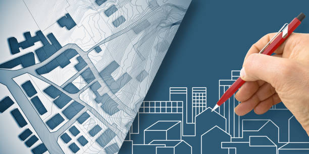 Building permit concept through an imaginary cadastral map and urban development plans - Building activity and construction industry concept with cityscape