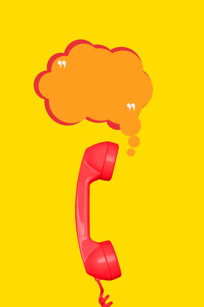 Red telephone handset with an orange speech bubble with quotation marks on a yellow background with copy space