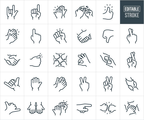 Hands And Hand Gestures Thin Line Icons - Editable Stroke A set of hands and hand gestures icons that include editable strokes or outlines using the EPS vector file. The icons include a hand signing the word "I Love You” in sign language, hand holding up number one finger, hands giving each other a high five, two hands giving each other a pinky promise, hand showing a thumbs up, hands clapping, human hand forming a fist, holding hands, thumbs down, fingers crossed, handshake, fist bump, hand giving an ok gesture, two hands gripping, hand held up in a stop gesture, hands praying, hands giving a peace sign, two hands clasped in rescue, two hands outstretched, hand gesturing stop to a raised fist, hand pointing and a hand stack. fingers crossed line drawing stock illustrations