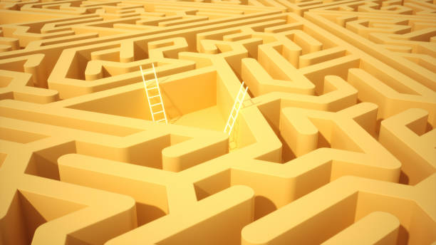 istock Triangle Shaped Maze Staircase with Yellow Color and Neon Lights 2152919898