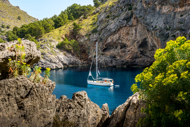 fotografii de stoc, fotografii și imagini scutite de redevențe cu frumusețea liniștită a dimineții în golful cala de sa calobra, unde o barcă cu pânze ancorată se odihnește în apele albastre senine, înconjurată de formațiuni stâncoase, o privire senină în alura de coastă mallorca. - barcă cu pânze
