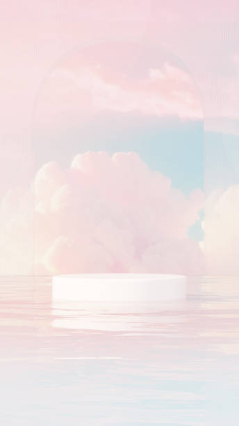 istock Premium 3D | Abstract minimalistic design featuring an empty podium in a serene pond, set against a backdrop of a blue-pink sky for product demonstration in portrait 2152919993