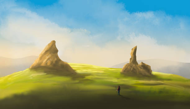 istock Man, tourist standing on meadow hill with stone rock mountain and blue sky. Digital hand painting 2152923559