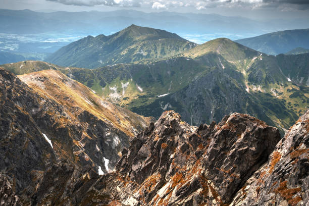 Mountain range Mountain range with rocky terrain and clear blue sky. Beautiful view of mountains from top of hill. high tatras stock pictures, royalty-free photos & images