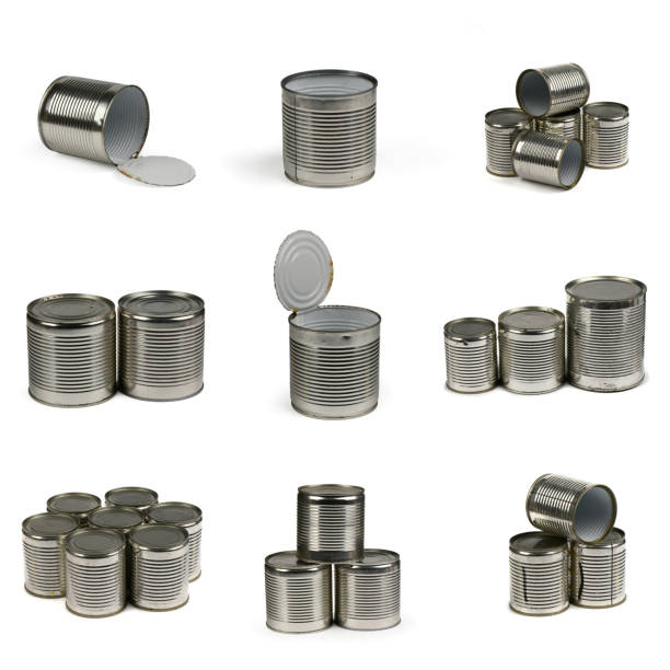 istock Nine Open metal tin cans placed in pyramid isolated on white background. 2152944939
