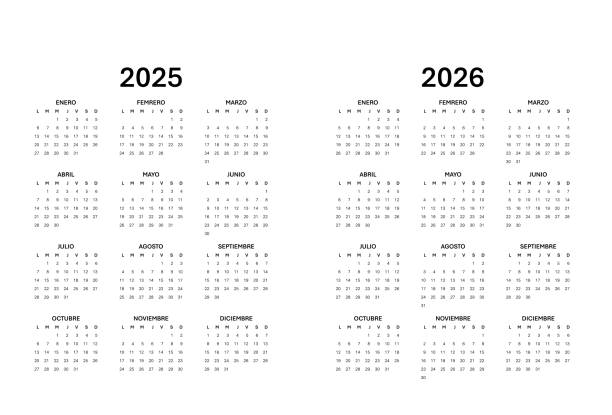spanischer kalender für 2025-2026. terminplaner-, agenda- oder tagebuchvorlage. die woche beginnt am montag - 2025 stock-grafiken, -clipart, -cartoons und -symbole