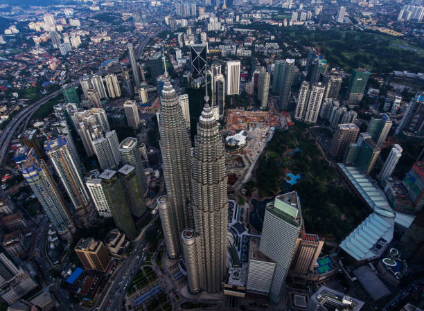 Kuala Lumpur petronas twin towers view from drone