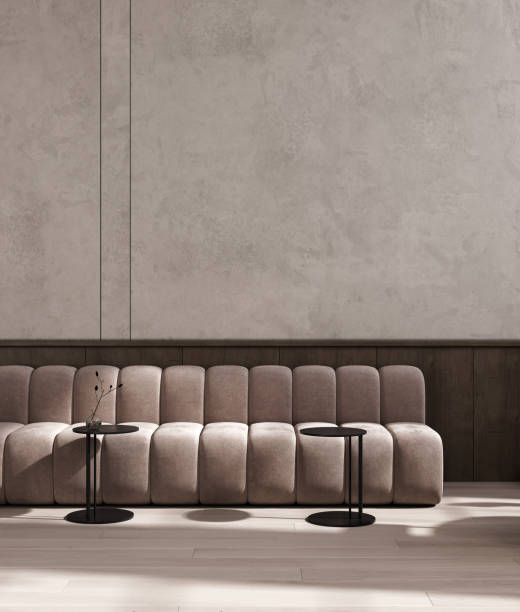 istock Decorative plaster wall mockup in stylish loft interior, restoration with pink sofa. 3d rendering 2152950975