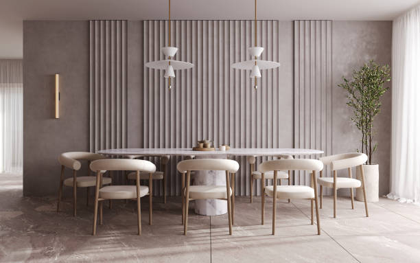 istock Luxury villa interior mockup, modern beige dining room interior, decorative wall mock up, 3d render 2152950986