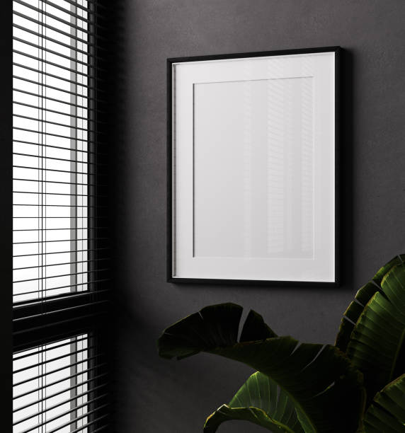 istock Mockup black poster frame in modern dark black interior background with palm leaf, 3D render, 3D visualization 2152950988