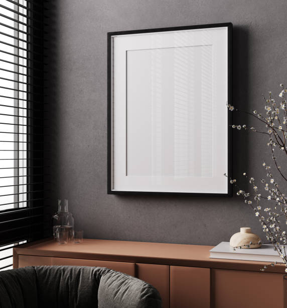 Mock up frame in modern home interior background, bright room with minimal decor and console, 3d render