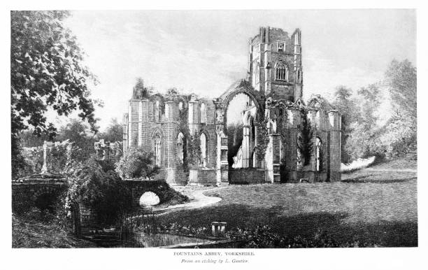 Fountains Abbey Monastery in Yorkshire, England Largest monastery, Fountains Abbey, in Yorkshire, England. Illustration published 1898. Original edition is from my own archives. Copyright has expired and is in Public Domain. ripon building stock illustrations