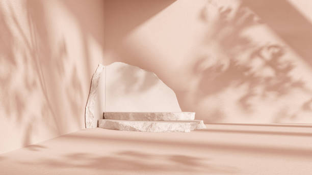 istock Soft peach 3D background, stone podium with shadow from tree leaves 2152956173